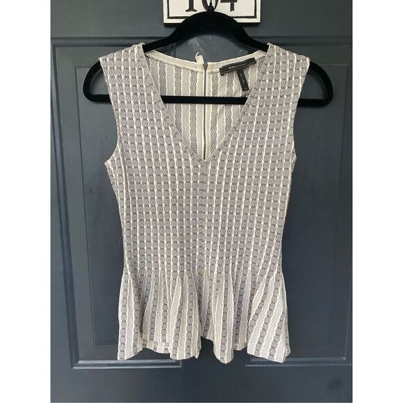BCBGMAXAZRIA "Haily" Blouse Peplum Stripe Geometric, Black / Ivory, Size XS - Picture 4 of 13